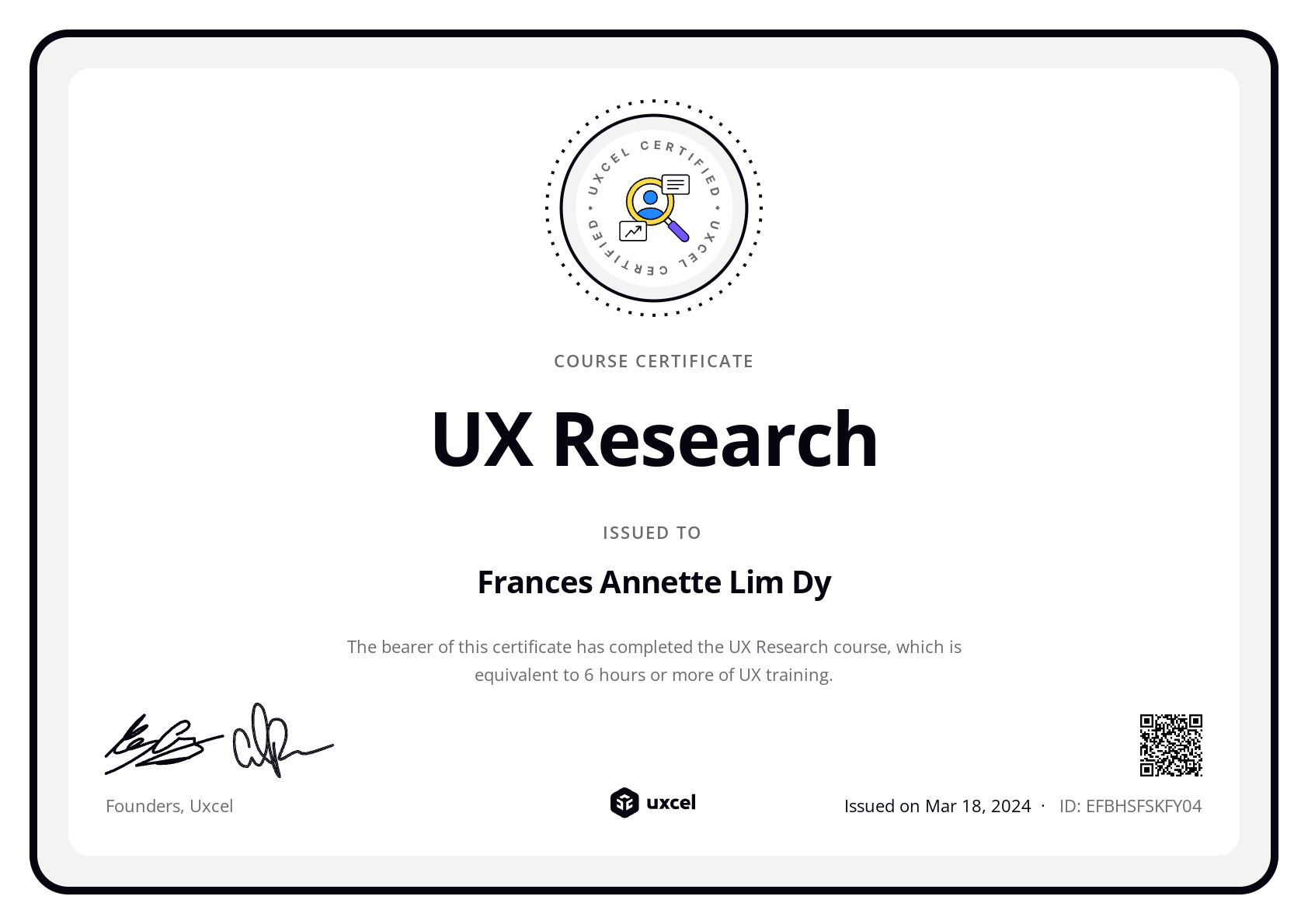 Frances Annette Lim Dy's certificate